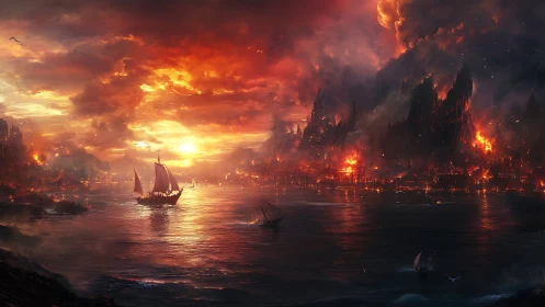 Burning harbor skies cradle a lone ship of quiet resolve.