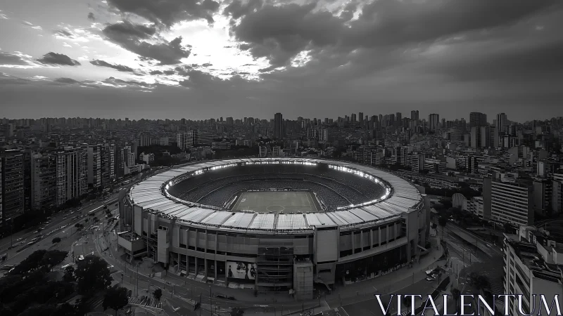 Monochrome aerial panorama of illuminated urban stadium bowl.