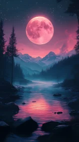 Crimson supermoon crowns a misty alpine river at night.