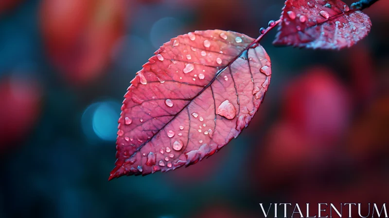 Red autumn leaf glows with raindrops against cool bokeh haze