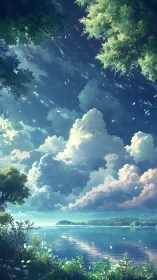 Summer lakeside with cumulonimbus sky in high-detail anime art