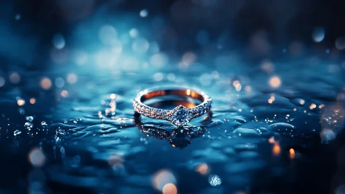 Glistening diamond ring rests softly on shimmering water
