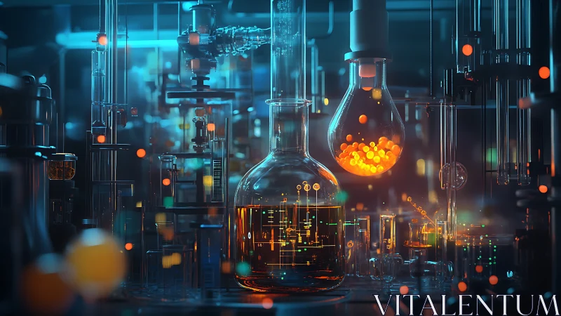Futuristic chemical laboratory with glowing data-reactive flasks.