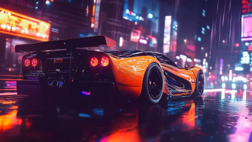 Neon-lit hypercar in rainy cyberpunk city street scene