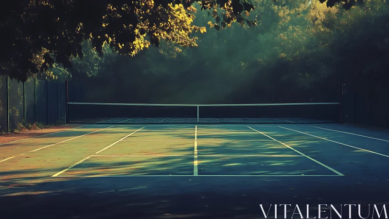 Sunlit empty tennis court under deep forest shade.