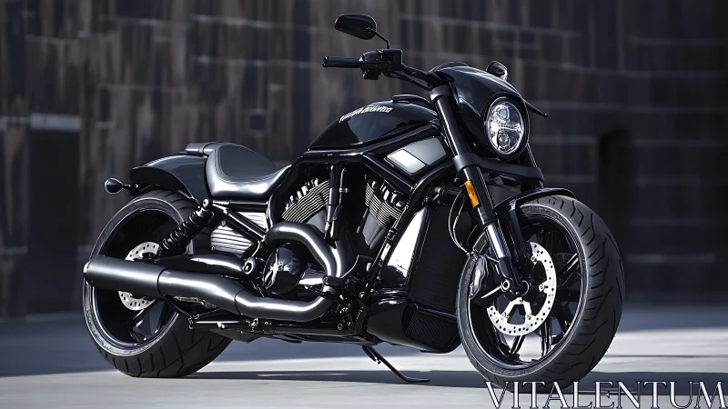 Gloss black power cruiser motorcycle rendered in photoreal detail