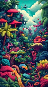 Neon jungle teems with alien flora and hidden creatures.