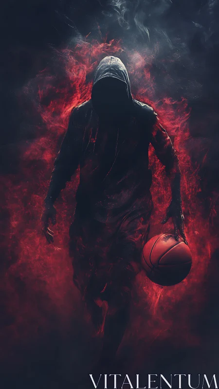 Hooded court phantom strides through burning crimson smoke.