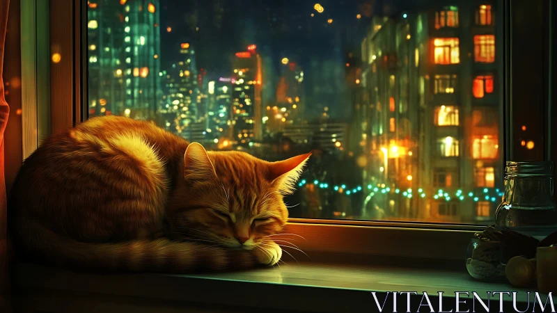 Ginger Cat Rests on Urban Windowsill Overlooking Nocturnal Cityscape
