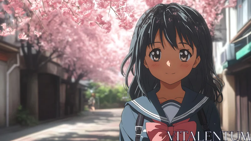Soft spring morning welcomes a shy schoolgirl beneath blossoms