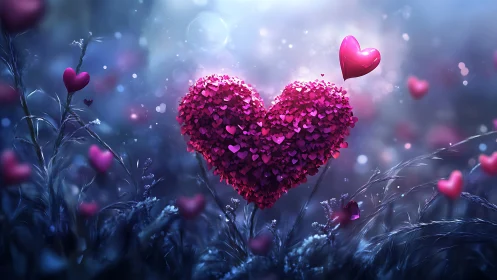 Large Heart Structure Composed of Smaller Hearts Against Blue Background