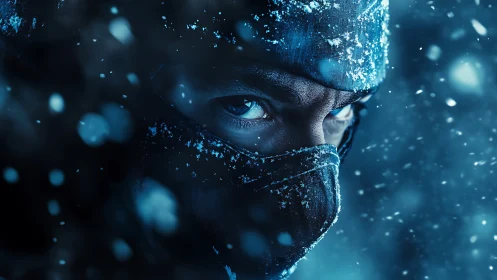 Ice warrior eyes pierce blizzard in intense frozen closeup.