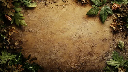 Rustic forest frame borders textured brown stone background.