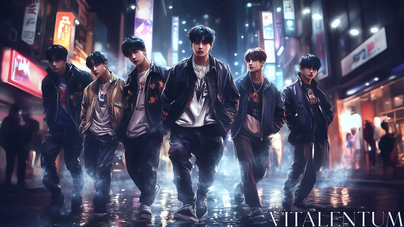 Neon-lit street ensemble in cinematic cyber-noir stylization