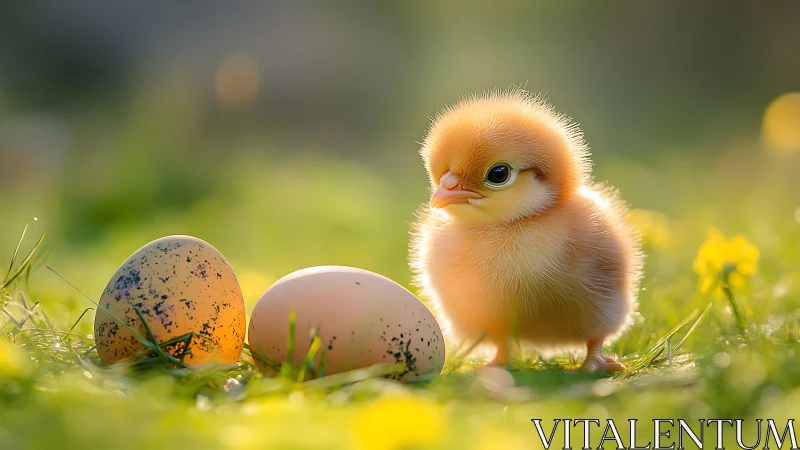 Photorealistic spring chick with speckled eggs in soft bokeh field.
