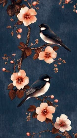 Songbirds rest on floral branches over textured indigo ground