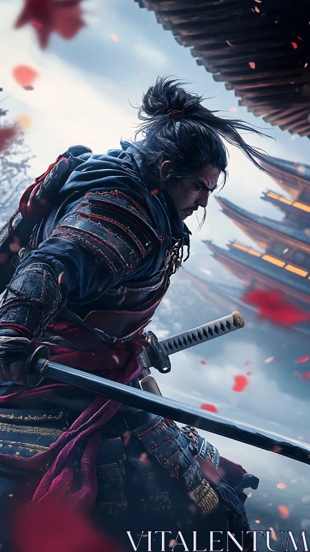 Samurai swordsman holds drawn katana in dynamic side profile