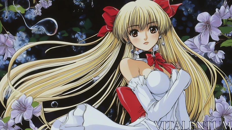 Blonde anime girl in white dress poses among purple flowers