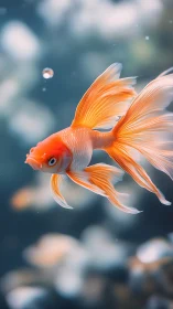 Elegant orange goldfish glides softly through dreamy water