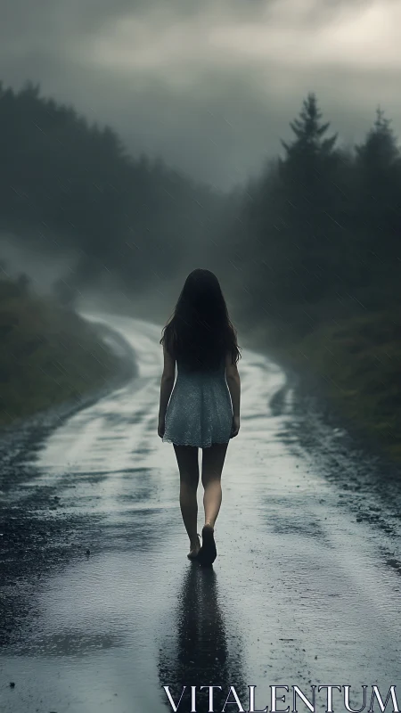 Solitary walk along a rain-soaked forest road at dusk.