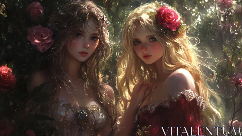 Rose-crowned maidens in luminous floral garden tableau.