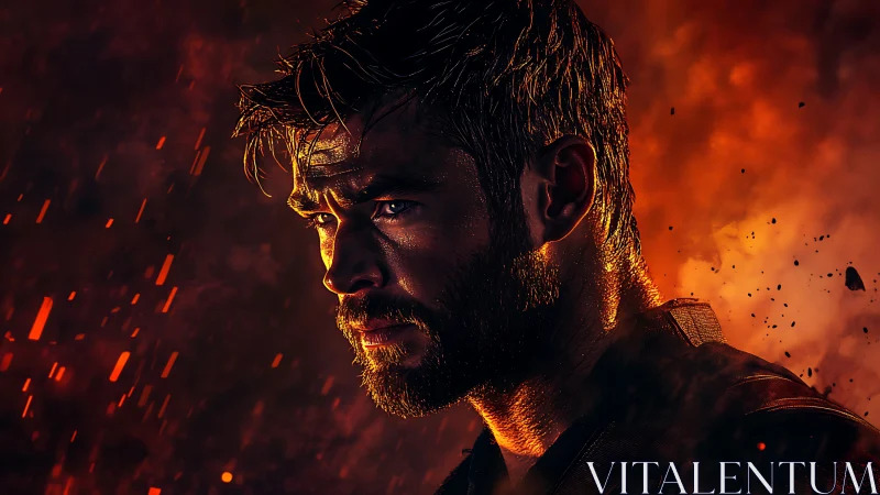 Intense bearded man in side profile amid glowing embers.