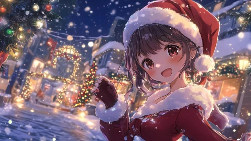 Anime girl in Santa outfit within illuminated snowy street scene
