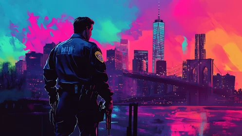 Backlit urban police figure surveys neon-gradient city skyline