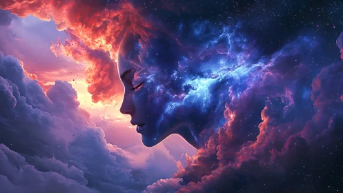 Surreal nebula portrait with celestial profile integration.