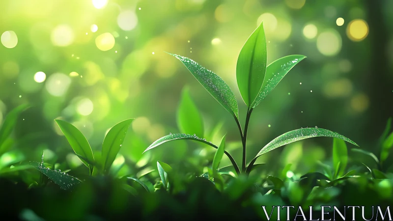 Fresh green seedling in sunlight with dewdrops, nature macro style.