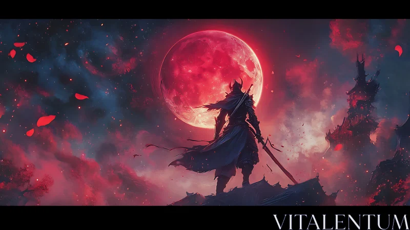 Samurai silhouette confronts blood-red moon in cinematic sky