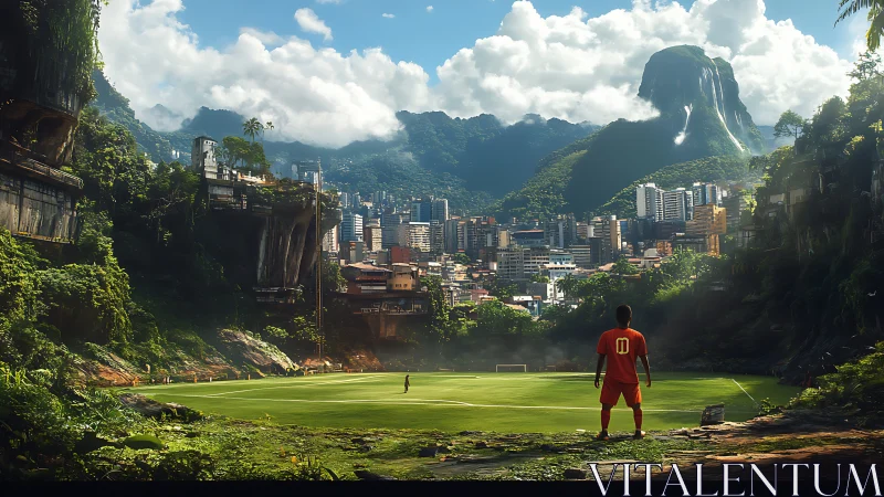 Urban hillside football field with distant city skyline.