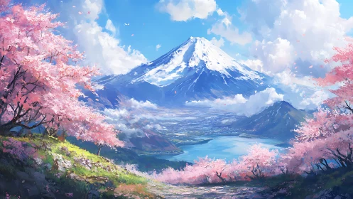 Snow-capped mountain above lake framed by cherry trees.