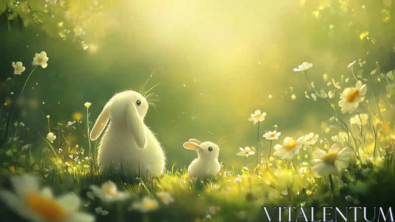 Gentle rabbit duo in glowing wildflower meadow light.