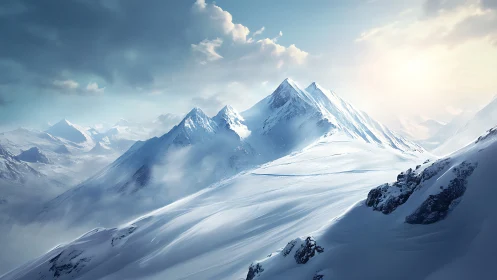 Sunlit alpine ridges emerging through winter mountain haze.