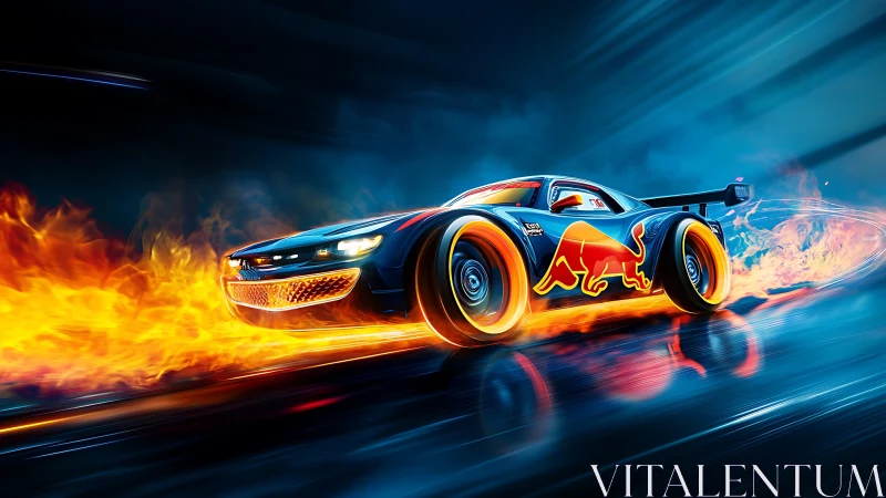 Racing car illustration displays motion with flame effects