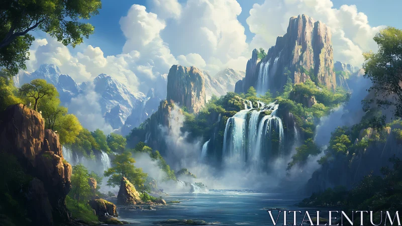 Luminous mountain cascades in misty verdant valley panorama.