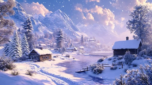 Snowy mountain village cabins line a frozen reflective river