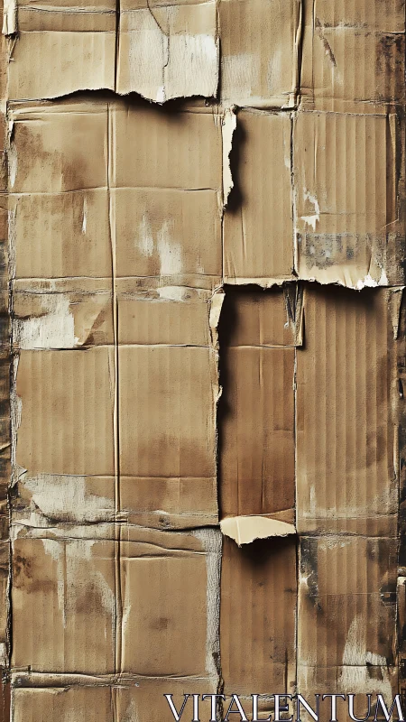 Weathered corrugated cardboard surface with torn vertical seams.