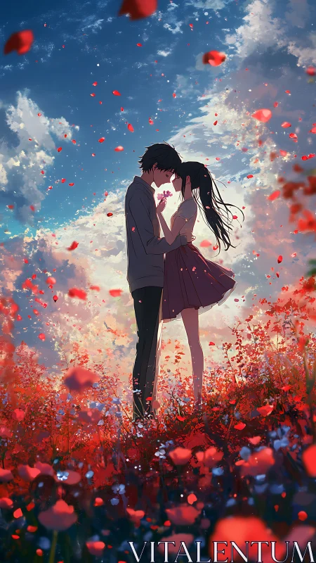 Lovers stand embraced in a glowing poppy field at sunset