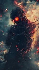 Fiery shadow figure rises with glowing ember eyes in smoke