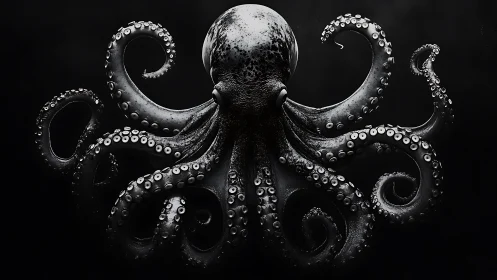 Monochrome octopus spreads coiling tentacles in darkness.