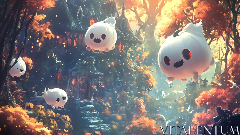 Whimsical ghost pumpkins drifting above autumn forest manor.