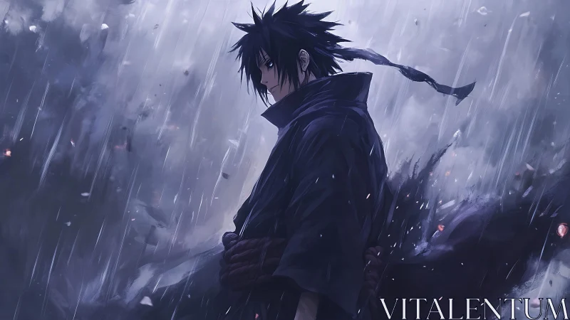 Brooding cloaked swordsman rendered in dynamic rain backlighting