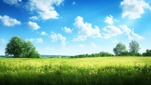 Sunlit meadow breathing under a cloud-dotted summer sky.