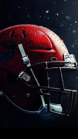 Red football helmet glistens under dramatic stadium rain