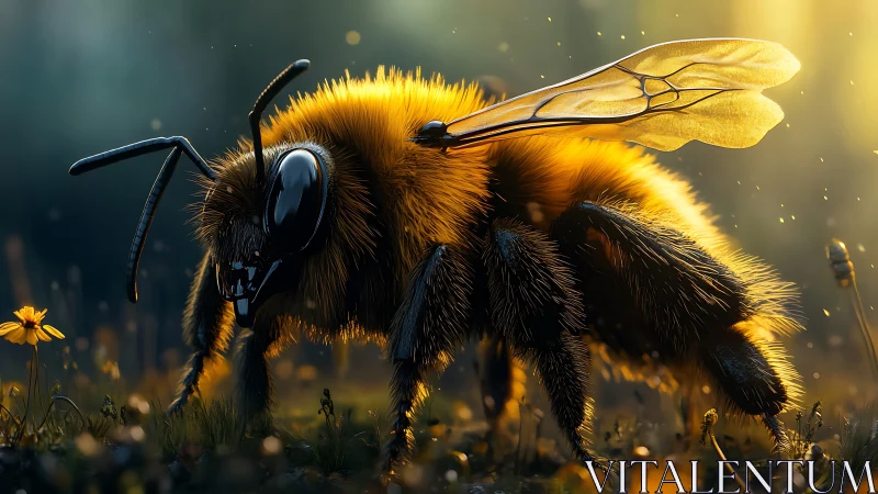 Macro close up of detailed bee in warm sunset light.