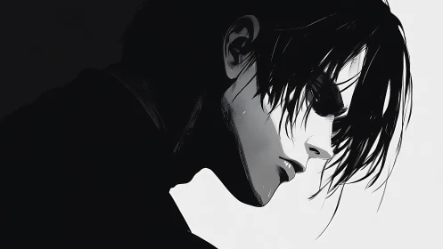 Monochrome side profile of long haired figure in shadow.