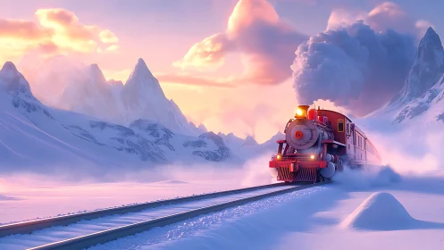 Steam locomotive cuts through luminous alpine winter landscape