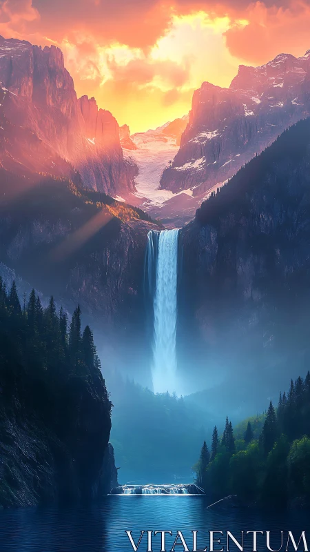 Sunlit alpine waterfall descends through misty glacier pass
